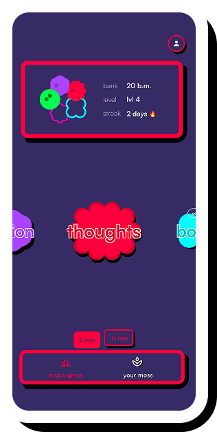 The bebored mode picker showing thoughts, vision and body modes with a boredom bank of 20 minutes and a two-day streak
