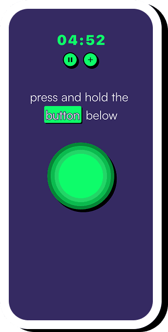 A bebored session in progress: a five-minute timer above a big green button that says press and hold